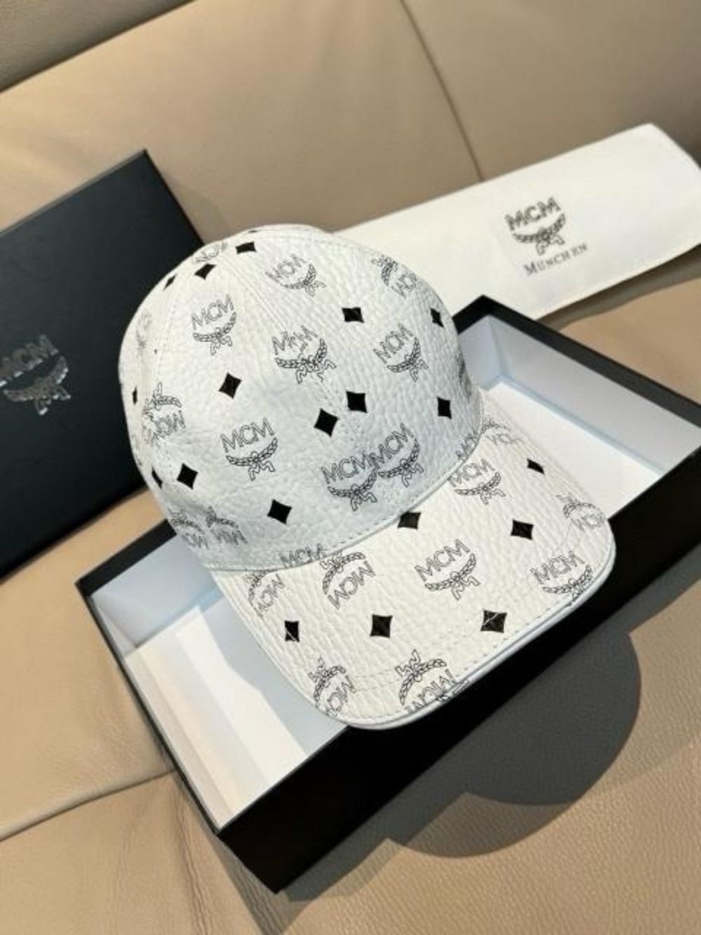 MCM White Monogram Baseball Hat with Black Motif